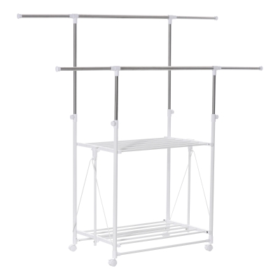 HOMCOM Porte-vêtements multifonctionnel porte-manteaux pliable à deux pôles avec 2 étagères hauteur et largeur réglables 4 roulettes grand rangement 88-157 x 50 x 95-160 cm blanc