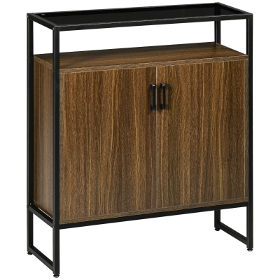HOMCOM Armadietto Due Ante in MDF con Piano d'Appoggio in Vetro Temperato, 82x30x98 cm, Marrone e Nero