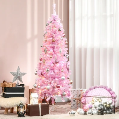 HOMCOM Árvore de Natal Artificial Altura 180cm Ignífugo com 618 Ramos 300 Luzes LED IP20 Decoração de Natal Rosa