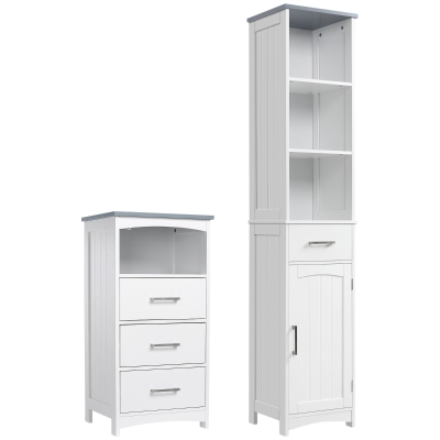 kleankin Set Mobiletto e Colonna Bagno in MDF con Scaffali e Cassetti, Bianco