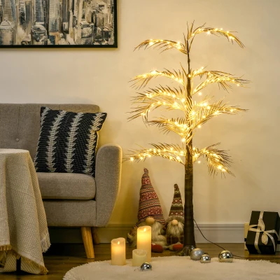 HOMCOM Árvore Palmeira com 150 Luzes LED IP44 Branco Quente Árvore Decorativa para Festas Interior 21x21x150cm Dourado