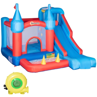 Outsunny Aufblasbare Hüpfburg für 4 Kinder Wasserhüpfburg mit Gebläse Rutsche Pool Kletterwand Trampolin Tragetasche Garten für Kinder Outdoor Wasserrutsche Springburg 3-8 Jahren 333 x 280 x 210 cm