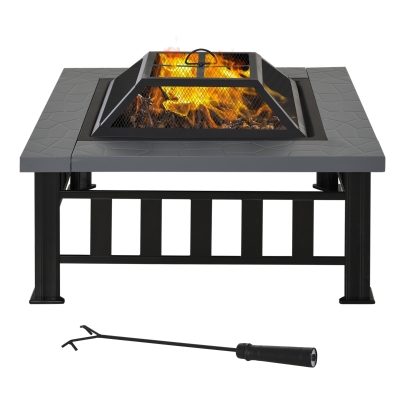 Outsunny Metal Large Firepit Outdoor Square Fire Pit Brazier w/ Rain Cover, Lid, Log Grate, Poker for Backyard, Camping, BBQ, Bonfire, Wood Burning Stove, 86 x 86 x 54cm, Black