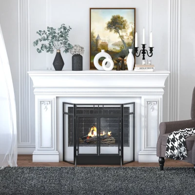 HOMCOM 3-Panel Folding Fireplace Screen with Door, Freestanding Spark Guard, Metal Mesh Fireguard, Black