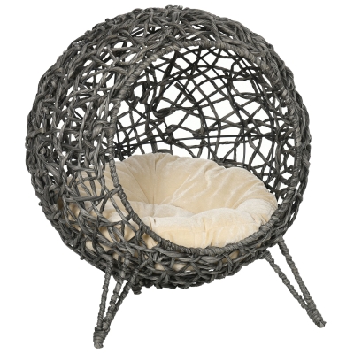 Pawhut Woven Rattan Elevated Cat Bed House Kitten Pussy Basket Ball Shaped Pet Furniture w/ Removable Cushion Natural 52 x 52 x 58 cm, Silver Grey