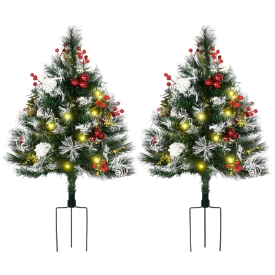 HOMCOM Sapin de Noël artificiel hauteur 75 cm aspect enneigé - lot de 2 sapins LED - 8 modes d'éclairage - 70 branches - décoration incluse - usage extérieur intérieur