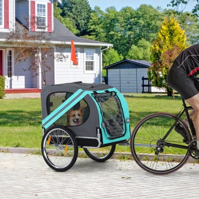 PawHut Folding Dog Bike Trailer Pet Cart Carrier for Bicycle Travel in Steel Frame with Hitch Coupler - Light Blue & Grey