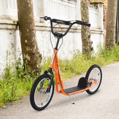 HOMCOM Youth Kids Kick Scooter Adjustable Handlebar Teens Ride On Toy For 5+ w/ Front and Rear Dual Brakes Inflatable Wheels-Orange