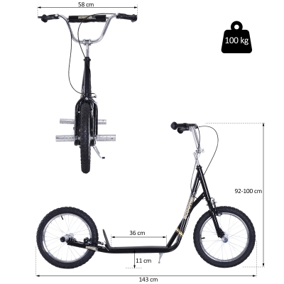 HOMCOM kinderscooter step kickscooter stadsscooter kinderstep kickboard vanaf 5 jaar 16 inch zwart 143 x 58 x 92-100 cm