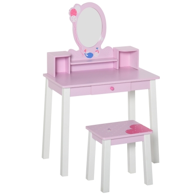 HOMCOM set van 2 kinderkaptafel met kruk kaptafel kaptafel met lade vakken spiegel vanaf 3 jaar MDF grenenhout roze 60 x 34 x 93 cm