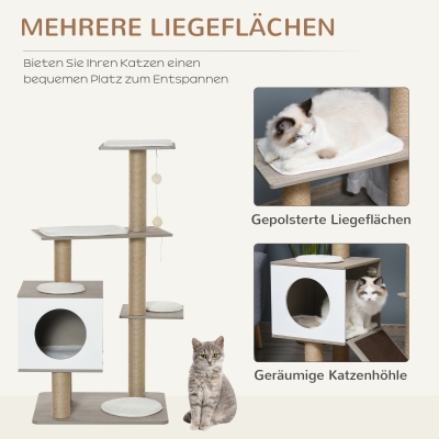 PawHut krabpaal kattenboom met kattengrot helling zacht kussen E1 MDF lichtgrijs