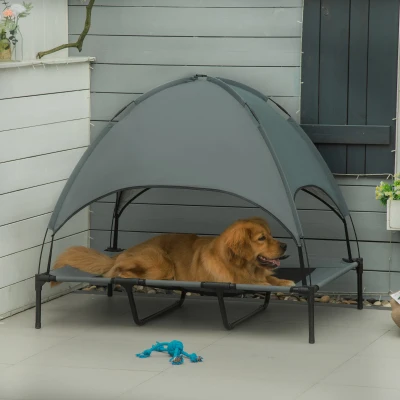 PawHut Huisdierbed met luifel verhoogde hondenligbed hondenbed ademend taft-stof