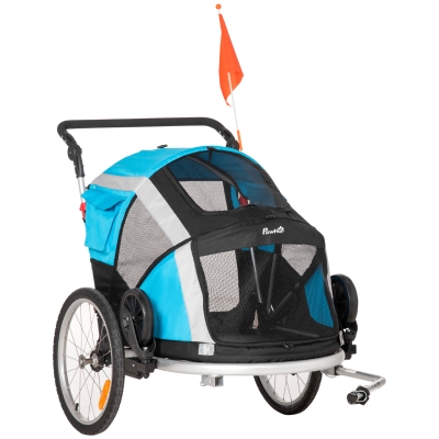 PawHut 2-in-1 Hundeanhänger klappbar Haustier Fahrradanhänger Hundetransporter Hunde Fahrrad Anhänger Oxfordstoff atmungsaktiv Metall Oxford Gewebe Blau+Silber 150 x 82 x 108 cm