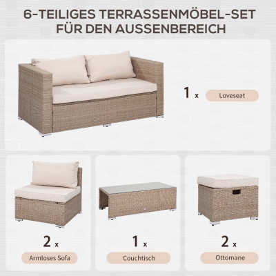 Zestaw mebli rattanowych, 6-częściowy komplet stolik z krzesłami, zestaw mebli ogrodowych, stolik, metal, kolor khaki