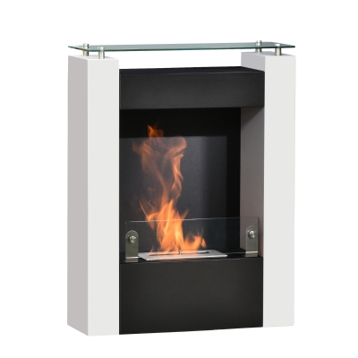 HOMCOM Cheminée bioéthanol brûleur 1,5 L avec plateau de rangement en verre trempé, 3 h de durée de combustion, Dims. 60*20*79cm, Contrôle de Flamme et Crochet Inclus - Acier Noir et Blanc