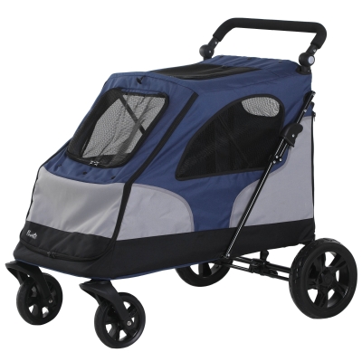 PawHut pet buggy hondenbuggy met 4 wielen hondentrolley voor middelgrote en grote honden opvouwbaar Oxford blauw + zwart 104,5 x 68,5 x 110 cm