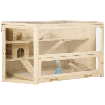 PawHut Kleintierkäfig Nagerkäfig Hamsterkäfig mit Rampe Wippe Mäusekäfig Oben aufklappbar Käfig abnehmbare Bodenwanne Tannenholz PS Natur 115 x 60 x 55 cm
