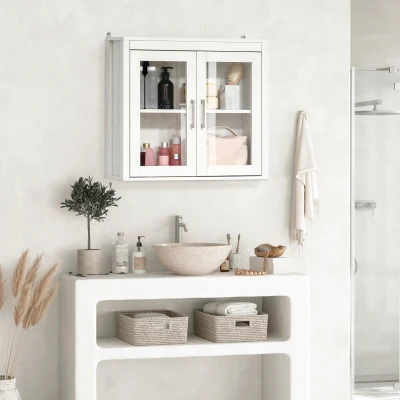 kleankin Armário Casa de Banho de Parede com 2 Portas de Vidro e Prateleira Móvel Suspenso de Casa de Banho 60x19,5x54cm Branco
