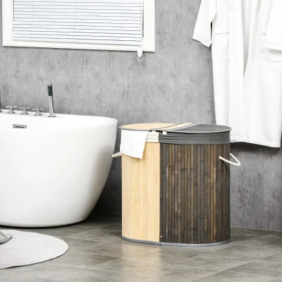 HOMCOM Cesto de Roupa de Bambu Capacidade de 100L com Tampa Rebatível e 2 Compartimentos 62,5x37x60,5cm Cinza e Madeira