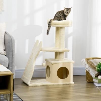 PawHut Árvore Arranhador para Gatos Torre para Gatos com Cama Caverna  Bola Suspensa Postes e Rampa de Sisal 60x30x83cm Bege