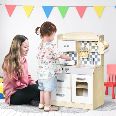 HOMCOM Kids Kitchen Play Toy Set, Cooking Pretend Playset with  Multiple Storage, Sink Pots Bench, Age 3-6 Years, White