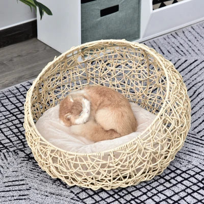PawHut Hooded Rattan Wicker Cat House W/ Mat Kitten Pussy Basket Bed