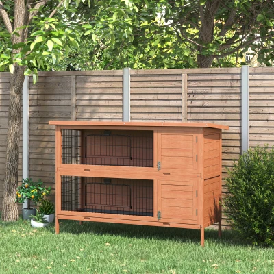 PawHut Konijnenhok konijnenhok met 2 verdiepingen kleine dieren vurenhout oranje