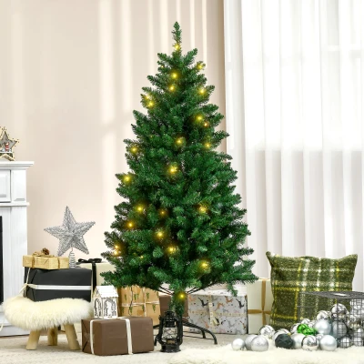 HOMCOM Árvore de Natal Artificial Ignífugo com 502 Ramos 150 Luzes LED IPX2 8 Modos Folhas de PVC Base Dobrável e Suporte Metálico Verde