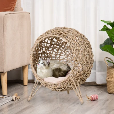 Pawhut Woven Rattan Wicker Elevated Cat Bed House Kitten Pussy Basket Ball Shaped Pet Furniture w/ Removable Cushion Natural 52 x 52 x 58 cm