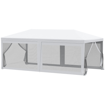 Outsunny Gazebo de Jardín 6x3m Pabellón con 6 Paredes de Malla Extraíbles Cremallera y Techo Estilo Catedral para Fiestas Eventos Reuniones Blanco