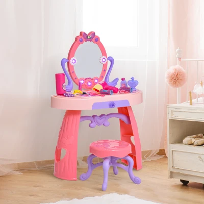 HOMCOM Kids Pretend Vanity Table with Stool, Beauty Pretend Play Set, Princess Dressing Table, with Mirror Lights Music & Makeup Accessories for Girls 3 Years Old Pink