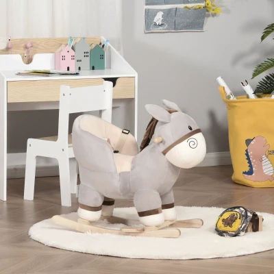 HOMCOM Kids Children Rocking Horse Plush Ride On Donkey Seat w/ Sound Wood Base Seat Safety Belt Toddler Baby Toy Rocker Grey 18 - 36 Months