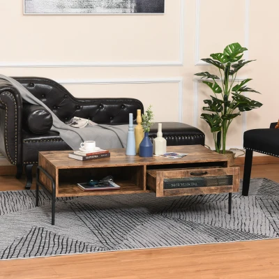 HOMCOM Industrial Coffee Table with Storage, Centre Table with Mesh Drawer, Open Shelf and Metal Legs for Living Room, Rustic Brown
