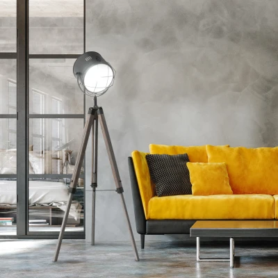 HOMCOM Industrial Style Adjustable Tripod Floor Lamp for Living Room Bedroom, Vintage Spotlight Reading Lamp with Wood Legs, 115-155cm, Grey