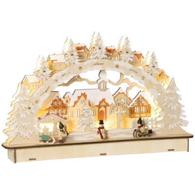 HOMCOM Casa de Vila Natal com 12 Luzes LED Cena Natalícia Iluminada Decoração de Natal 45x7x28cm Madeira