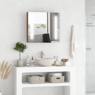 kleankin Armário com Espelho de Casa de Banho com Luz LED Suspenso 2 Portas e Interruptor Tátil Estilo Moderno 70x15x65cm Marrom Rústico