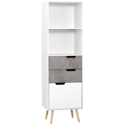 HOMCOM Armario de Salón con 2 Estantes Abiertos y 3 Cajones Estilo Moderno Antivuelco 50x39x169,5 cm Blanco y Gris