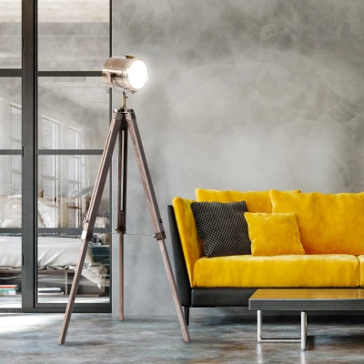 HOMCOM Floor Spotlight, Tripod Floor Lamp, Pine Dark Wood, Retro Photography Style Lamp Head Copper Finished Shade Home