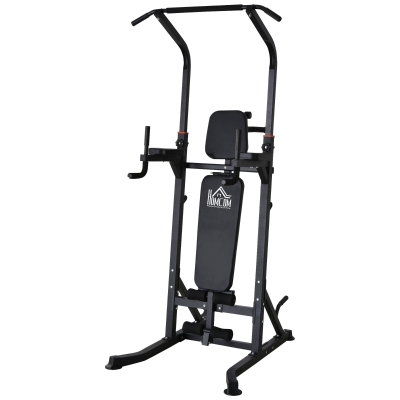 HOMCOM Estación de Musculación Torre de Entrenamiento Altura Ajustable con Barra de Dominadas y Banco Plegable para Fitness en Casa Gimnasio Carga 150 kg 99x178x230 cm Negro