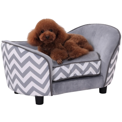 PawHut Sofá para Mascotas Sofá Acolchado para Perros y Gatos de Madera con Cojín Grueso Patas y Bolsillo de Almacenaje 68,5x40,5x40,5 cm Gris