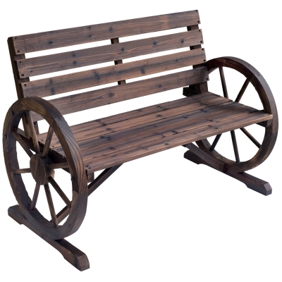 Outsunny Banco de Madera para Exteriores con Apoyabrazos en Forma de Rueda Aspecto Envejecido Jardín Balcón Terraza 105,5x56x75 cm Marrón Rústico