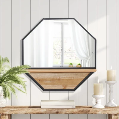 HOMCOM Espelho Decorativo de Parede 61x61cm Espelho Octógono com Prateleira de Armazenamento para Sala de Estar Entrada Preto