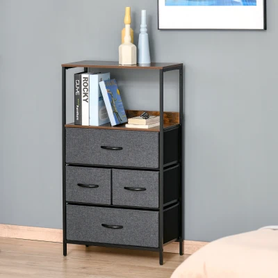 HOMCOM Cómoda com 4 Gavetas Dobráveis e Prateleira Aberta Cómoda com Gavetas de Tecido Anti-Tombo 58x29x103cm Marrom e Cinza