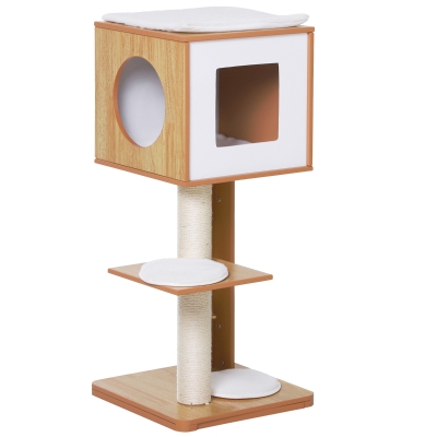 PawHut Albero per Gatti con 2 Pali in Legno e Sisal e Cuscini su 3 Livelli 50 x 40 x 91cm
