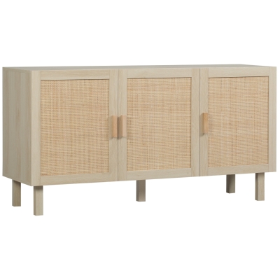 HOMCOM Buffet de rangement 3 portes avec étagère réglable effet cannage style bohème - 136 x 41 x 70 cm