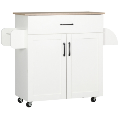 HOMCOM Dessert îlot de cuisine multi-rangements 1 tiroirs 1 placard 2 portes avec étagère réglable porte-torchons et porte-épices - MDF blanc