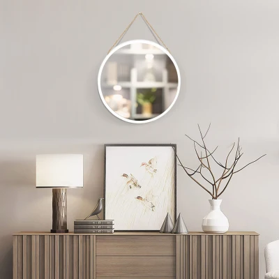 HOMCOM Espelho Decorativo de Parede 30x30cm Espelho Redondo de Metal com Corda de Canhâmo Estilo Moderno Branco