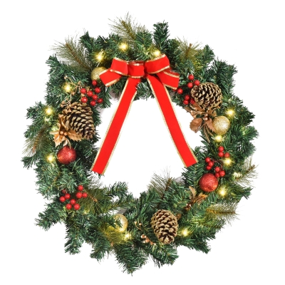 HOMCOM Couronne de Noël artificielle lumineuse avec 20 LED de 60 cm - décorée de houx et de pommes de pin