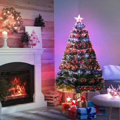 HOMCOM 4 Feet Prelit Artificial Christmas Tree with Multi-Coloured Fiber Optic LED Light, Holiday Home Xmas Decoration, Green