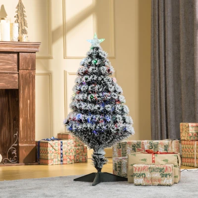 HOMCOM 3ft Artificial Prelit Christmas Tree, Snow Xmas Tree with Colourful LED Lighting Fiber Optics, Green White